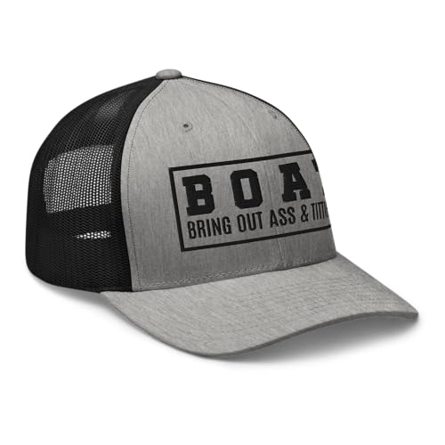 NG Boat Bring Out Ass and Titties Curved Bill Trucker Hat Mid Crown Adjustable Funny Adult Humor Cap - color: Heather/ Black