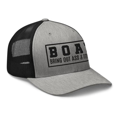 NG Boat Bring Out Ass and Titties Curved Bill Trucker Hat Mid Crown Adjustable Funny Adult Humor Cap - color: Heather/ Black