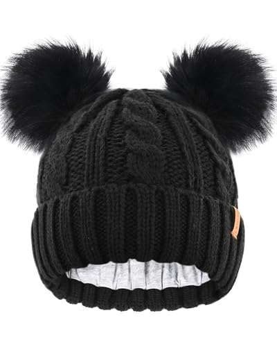 FURTALK Toddler Winter Hat Knit Beanie Double Faux Fur Pompoms Girls Boys - color: Black With Black Pom, size: 6-24 Months