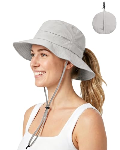Womens Ponytail Sun Hat UPF50+ Waterproof Bucket Hat Packable Beach Hat - color: Griege