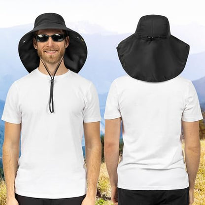 SUN CUBE Wide Brim Sun Hat with Neck Flap for Men Women, UPF50+ Fishing - color: Black