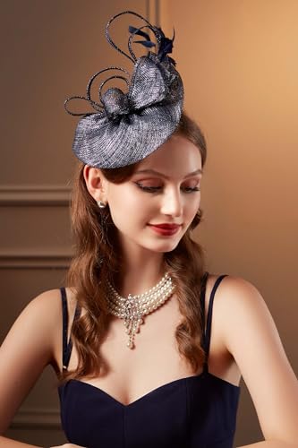 BABEYOND Fascinators Hats for Women Tea Party Glitter Pillbox Hat Derby Hat - color: B-navy Blue