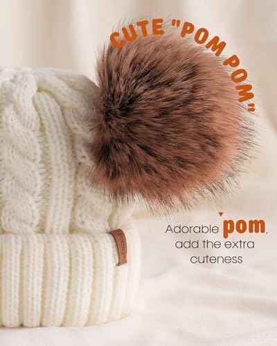 FURTALK Toddler Winter Hat Knit Beanie Double Faux Fur Pompoms Girls Boys - color: Cream White, size: 2-6 Years
