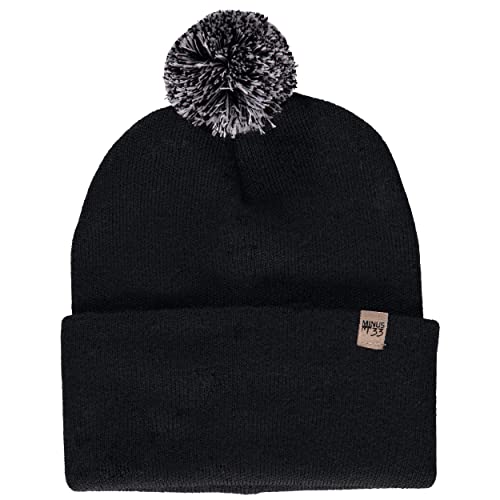 100% Merino Wool - Midweight Cuff Pom Beanie - Winter Pom Pom Hat - color: Black With Ash Gray and Black Pom