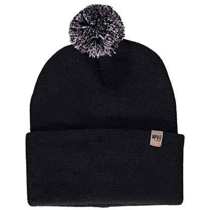 100% Merino Wool - Midweight Cuff Pom Beanie - Winter Pom Pom Hat - color: Black With Ash Gray and Black Pom