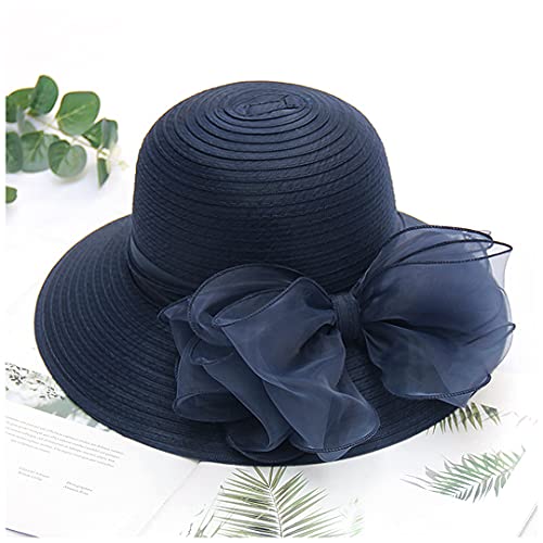 Haoohu Women's Church Derby Hat Wide Brim Bow Bucket Hat Wedding Dress Hat Fascinator Bridal Tea Party Hat - color: Navy Blue