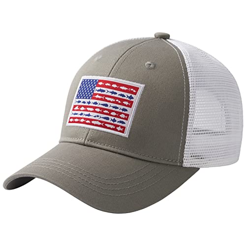 BASSDASH Altimate Fishing Hat Mesh Back for Men Women Adjustable Baseball Trucker Cap - color: Grey/Fish Flag
