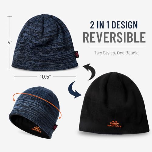 2 Pack Lvaiz Fleece Lined Winter Beanie for Men Women Reversible Skull Cap - color: 2pack(black+blue Black)