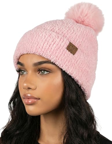 Funky Junque Beanie for Women Ultra Soft Chenille Faux Fur Pom Pom Winter Hats Warm Ski Cap Fashion - color: Terry Chenille - Baby Pink
