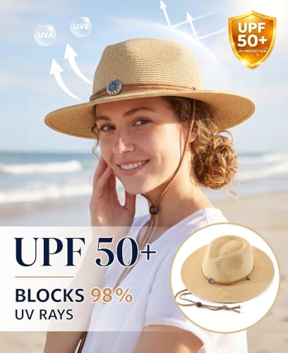 Home Prefer UPF50+ Men's Wide Brim Straw Fedora Sun Hat with Badge Lanyard - color: Natural