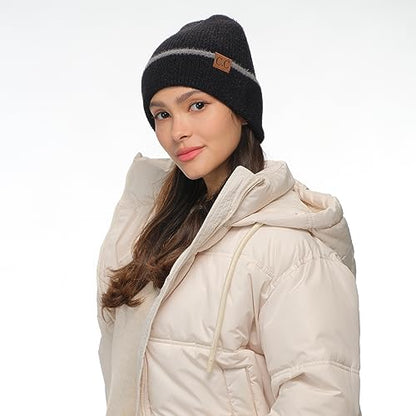 C.C Fuzzy Beanie for Women Unisex - Acrylic Stretchable Soft Warm Knit Winter Skully Hat - color: Feather Yarn-black