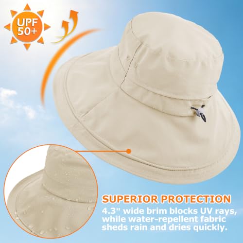 Women's UPF 50+ Waterproof Wide Brim Sun Bucket Hat with Ponytail Hole - color: Beige