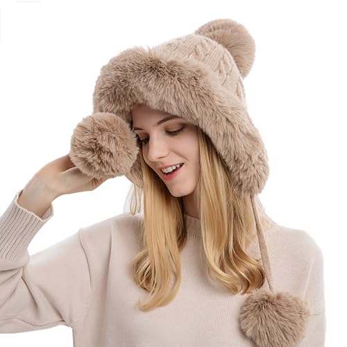 Womens Faux Fur Hat with Fluffy Pompom for Winter Fuzzy Knitted Beanies Skull Cap Warm Earflaps Cold Weather Cute Khaki