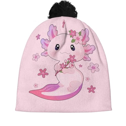 Girls Boys Winter Warm Knit Beanie Pompom Elasticity Slouchy Hat Skull Caps for Childrens - color: Cute Axolotl and Cherry Blossom