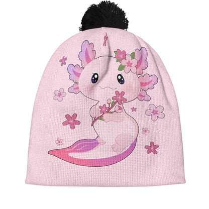 Girls Boys Winter Warm Knit Beanie Pompom Elasticity Slouchy Hat Skull Caps for Childrens - color: Cute Axolotl and Cherry Blossom