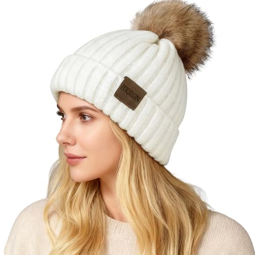ZOORON Womens Winter Knitted Beanie Hat with Faux Fur Pom Beanie Warm Knit Skull Cap Beanie for Women - color: White