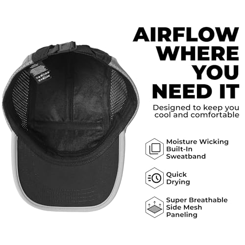 Tough Headwear 5 Panel Running Hat-Lightweight Breathable Nylon Trail Runner Hats-Camper Hat -Flat Brim Runners Hats - color: Black