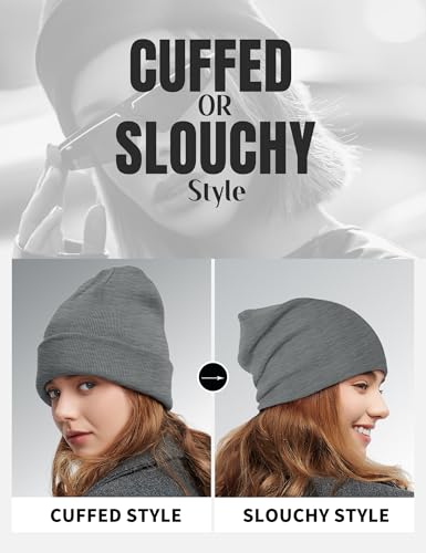 Fleece Lined Wool Beanie Hat Men Women, Warm Cuffed Winter Cap - color: Light Gray