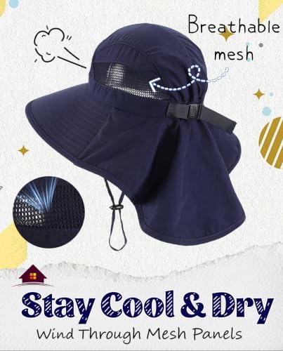 Home Prefer UPF50 Wide Brim Kids Sun Hat Neck Flap Boys Girls Sun Protection Hat for Beach Fishing - color: Navy Blue, size: 4-8 Years