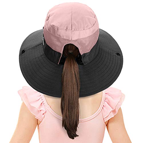 LCZTN Kids Ponytail Sun Hat Wide Brim UV Protection for Girls Beach Bucket Cap - color: Light Pink, size: Small