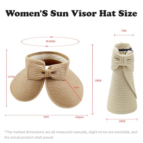 Sun Visor Hats for Women Adjustable Wide Brim Straw Sun Hat Roll-Up Ponytail Straw Hat Packable Summer Beach Hats - color: Beige