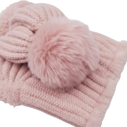 HUAMULAN Women Winter Knit Beanie Hats One Piece Fleece Lined Balaclavas - color: Pink + Faux Fur