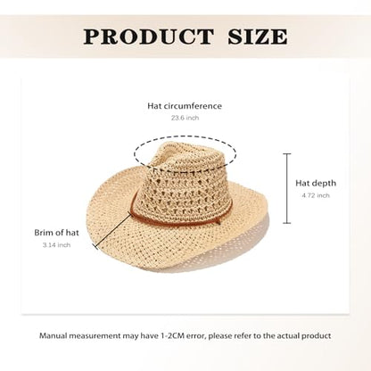 Women/Men Straw Cowboy Hat Wide Brim Sun Beach Cowgirl Hat Summer Western Cowboy for Travel Outdoor Family - color: Beige