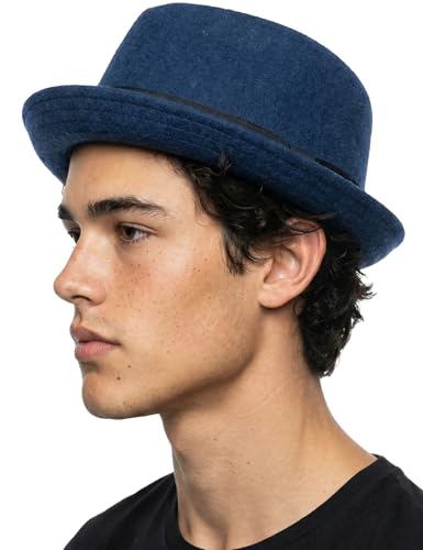 Funky Junque Wool Blend Porkpie Fedora, Classic Trilby Dress Hat - color: Navy, size: Large