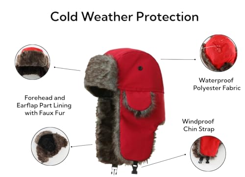 Trapper Hat Warm Faux Fur Winter Hat with Ear Flaps Windproof Waterproof Snow Ski Hats for Men Women Cold Weather - color: Red