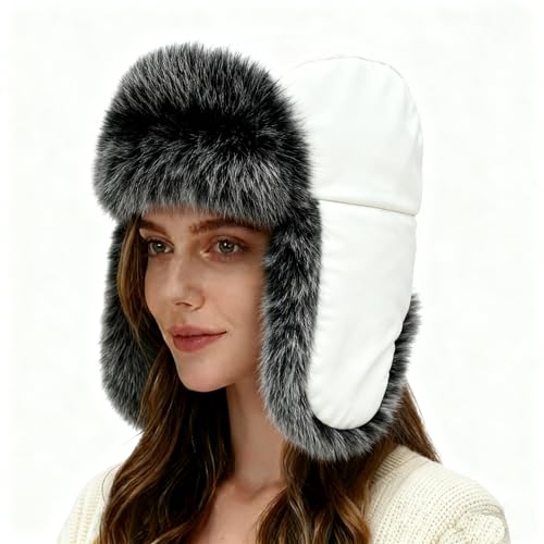 Winter Fuzzy Knit Trapper Hat with Faux Fur Earflap Fleece Lined Windproof Russian Ushanka Cap Ski Snow Hunting Hat - color: Fleece-white