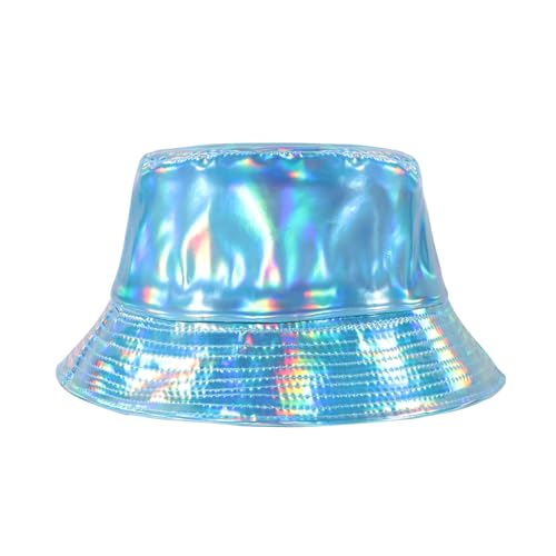 MILAKOO Rave Hologram Metallic Bucket Hat Reversible Cap Reflective Waterproof Rain Fisherman Hat - color: F: Blue