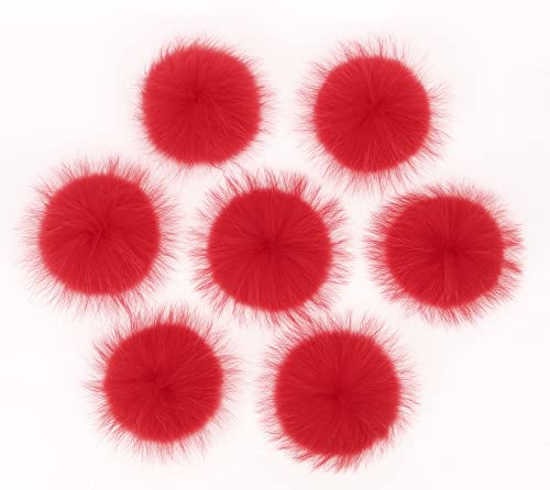 Women's Double Layer Winter Slouchy Knit Beanie Hat with Real Fur Pom Pom - color: Red Pom