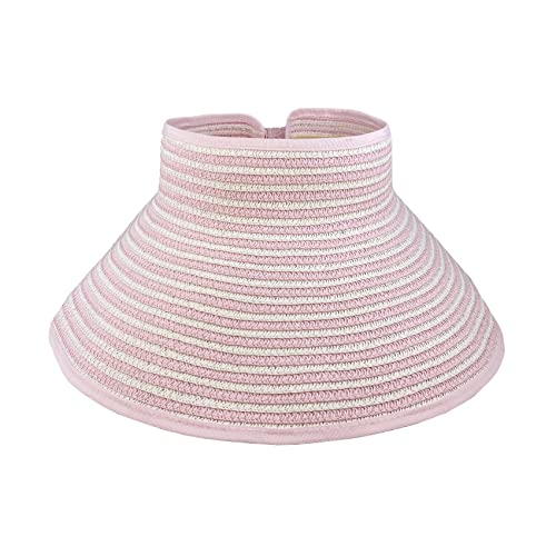 Womens Foldable Straw Sun Visor, Packable Roll‑Up Beach Hat with Wide Brim - color: Pink and White Stripe