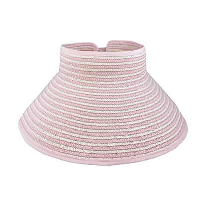 Womens Foldable Straw Sun Visor, Packable Roll‑Up Beach Hat with Wide Brim - color: Pink and White Stripe
