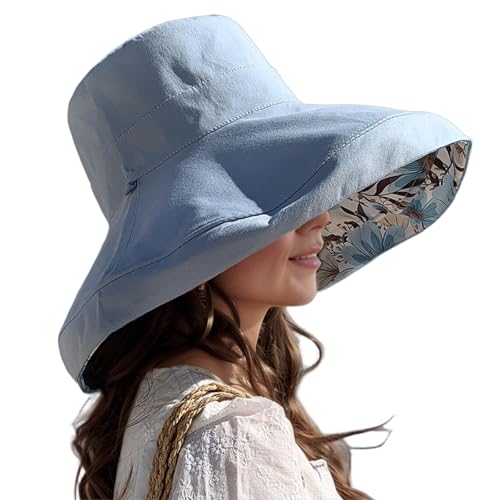 Wide Brim Sun Hats for Women UV Protection Reversible Bucket Hat Foldable Beach Hats Summer Hat for Garden Travel - color: Blue-floral