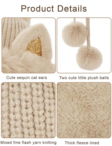 Womens Beanie Winter Hats Warm Pompom Faux Fur Crochet Skull Ear Cap - color: Apricot