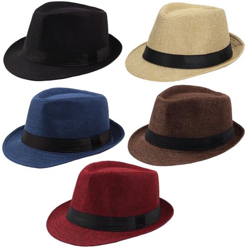 Ultrafun 5 Pack Short Brim Fedora Classic Summer Beach Sun Hat Panama Cap for Men Women - color: 5pack-black+blue+wine Red+coffee+beige, size: One Size
