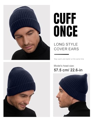 vidsel 50% Wool Double Cuff Beanie Hat for Men Women, Warm Winter Knit Cap - color: Navy Blue