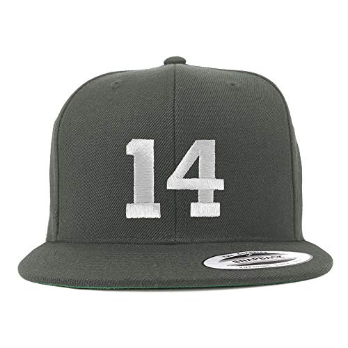 Trendy Apparel Shop Number 14 White Thread Embroidered Flat Bill Snapback Baseball Cap - color: Charcoal