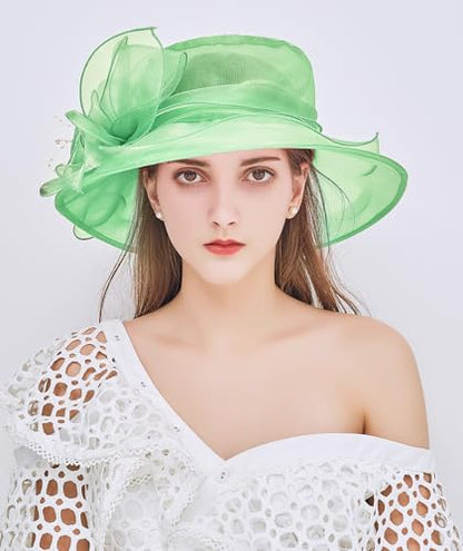 Z&X Organza Church Fascinator Wedding Tea Party Derby Hats for Women Flower Wide Brim Sun Hats - color: 022 Mint Green