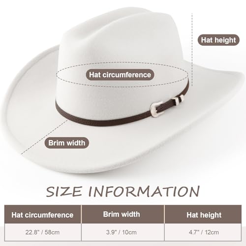AQOKKA Western Cowboy Hats for Women Classic Felt Wide Brim Fedora Hat with Belt Buckle Retro Panama Hat Unisex Rolled up Cap - color: 1 Pc Fedora Hat : White