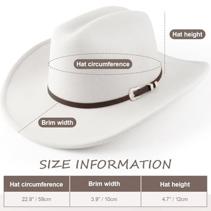 AQOKKA Western Cowboy Hats for Women Classic Felt Wide Brim Fedora Hat with Belt Buckle Retro Panama Hat Unisex Rolled up Cap - color: 1 Pc Fedora Hat : White