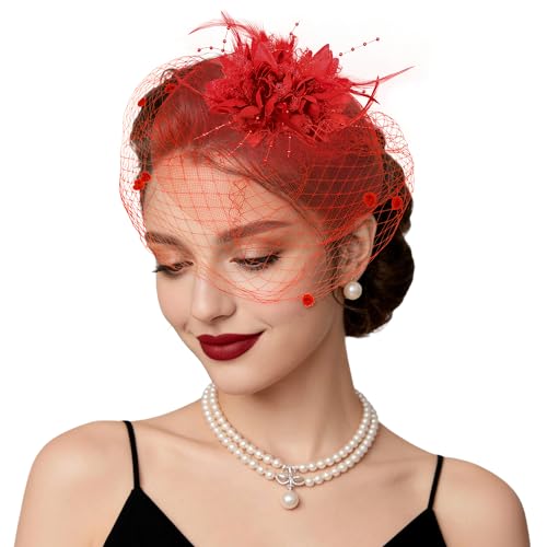 Fascinators Hats Tea Party Hats for Women Feather Veil Headband Vintage Lace Cocktail Headwear Bridal Wedding Veil Retro Hat - color: Red