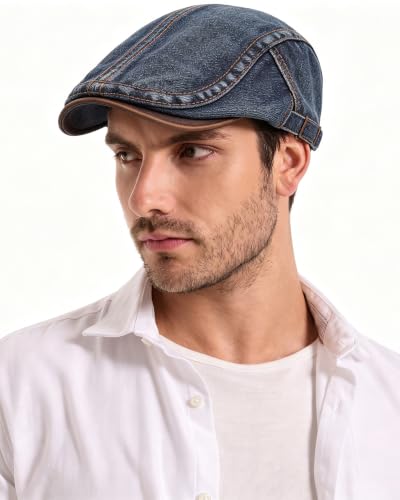 ZLYC Men Cotton Flat Cap Summer Scally Newsboy Beret Driver Hat - color: Denim Navy