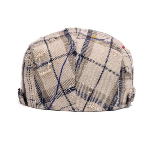 Quanhaigou Unisex Denim Newsboy Hats Flat Ivy Gatsby Cabbie Driving Berets Hat Cotton Dad Cap for Men Women - color: Plaid Distressed Beige