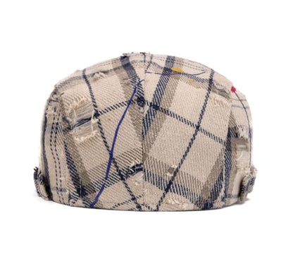 Quanhaigou Unisex Denim Newsboy Hats Flat Ivy Gatsby Cabbie Driving Berets Hat Cotton Dad Cap for Men Women - color: Plaid Distressed Beige