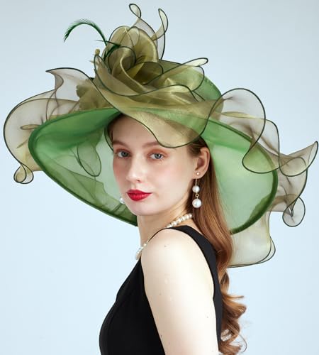 Women Organza Derby Hat Fascinator Tea Party Wedding Church Derby Hat Fascinator Hats Dual-use - color: 02f Green