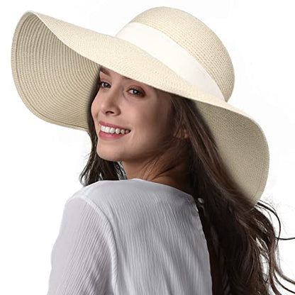 FURTALK Womens Sun Straw Hat Wide Brim Floppy Summer Beach Hats for Women - color: Beige With Beige Band, size: Large-X-Large