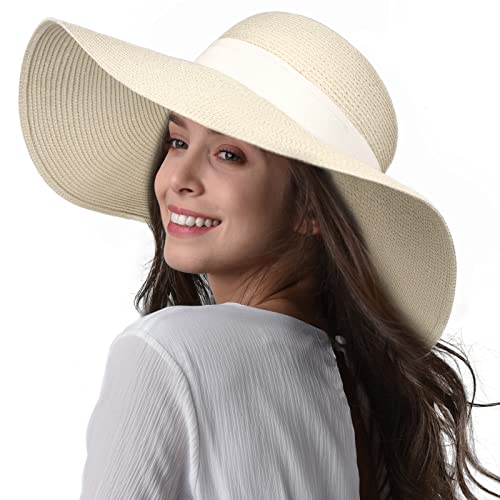 FURTALK Womens Sun Straw Hat Wide Brim Floppy Summer Beach Hats for Women - color: Beige With Beige Band, size: Medium-Large