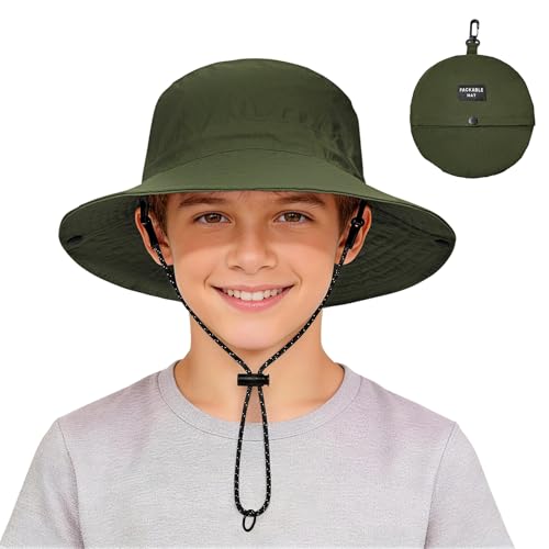 Zando Packable Kids Sun Hat UPF 50+ Girls Boys Beach Bucket Hat Summer - color: Army Green, size: 8-12 Years